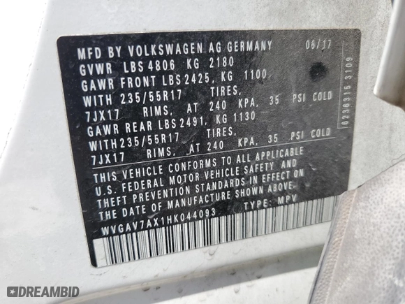 2017 Volkswagen Tiguan S with VIN WVGAV7AX1HK044093, listed as a Copart auction lot 52816015 with 94,610 mi miles and Salvage Title. Bid and sale history available at carsss.com. Image 13.