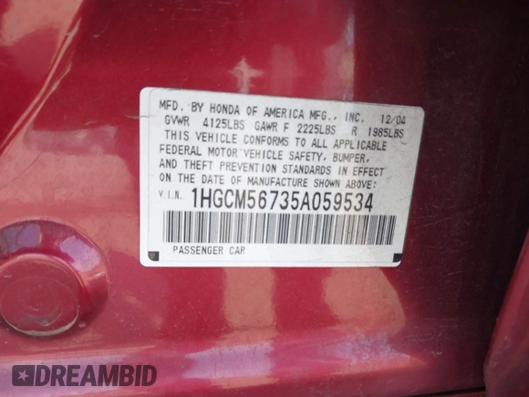 2005 Honda Accord EX with VIN 1HGCM56735A059534, listed as a IAAI auction lot 42209563 with 157,671 mi miles and . Bid and sale history available at DreamBid. Image 9.