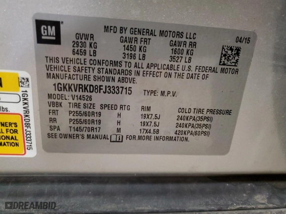 2015 GMC Acadia SLT with VIN 1GKKVRKD8FJ333715, listed as a Copart auction lot 47288625 with 160,308 mi miles and Salvage Title. Bid and sale history available at carsss.com. Image 13.