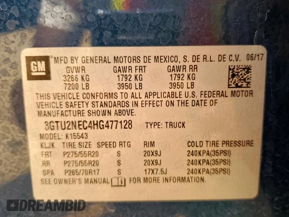 2017 GMC Sierra 1500 SLT z VIN 3GTU2NEC4HG477128, wystawiony jako Copart lot #58639545 z przebiegiem 88 413 mil mil oraz Szkoda całkowita • Salvage title. Historia ofert i sprzedaży dostępna na DreamBid. Obrazek 12.