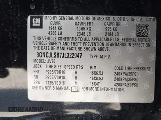 2018 Chevrolet Trax LT with VIN 3GNCJLSB7JL322947, listed as a IAAI auction lot 41820684 with 115,888 mi miles. Bid and sale history available at carsss.com. Image 9.