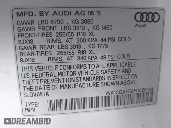 2015 Audi Q7 3.0T Premium with VIN WA1CGAFE9FD026724, listed as a IAAI auction lot 41740073 with 71,505 mi miles. Bid and sale history available at carsss.com. Image 9.