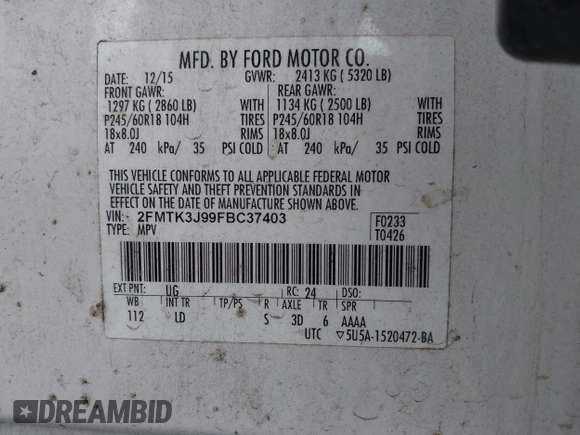 2015 Ford Edge SEL with VIN 2FMTK3J99FBC37403, listed as a IAAI auction lot 41970971 with 136,097 mi miles. Bid and sale history available at carsss.com. Image 9.