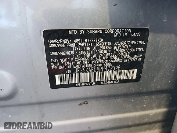 2023 Subaru Forester Premium with VIN JF2SKAEC8PH472326, listed as a IAAI auction lot 42801629 with 106,440 mi miles and . Bid and sale history available at DreamBid. Image 3.