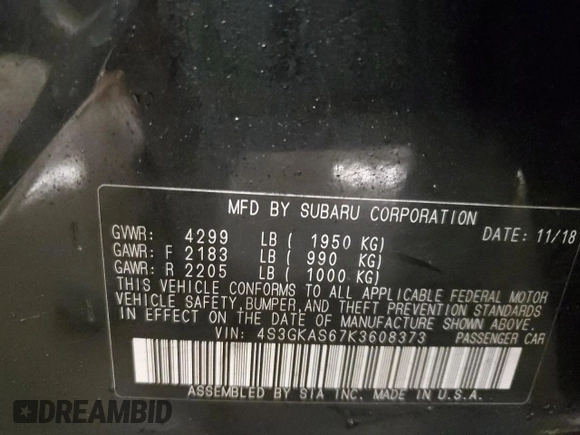 2019 Subaru Impreza Limited with VIN 4S3GKAS67K3608373, listed as a Copart auction lot 49205445 with 55,266 mi miles and Salvage title. Bid and sale history available at DreamBid. Image 14.