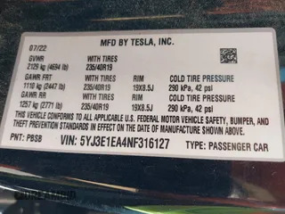 2022 Tesla Model 3 with VIN 5YJ3E1EA4NF316127, listed as a IAAI auction lot 41939191 with 30,857 mi miles. Bid and sale history available at carsss.com. Image 9.