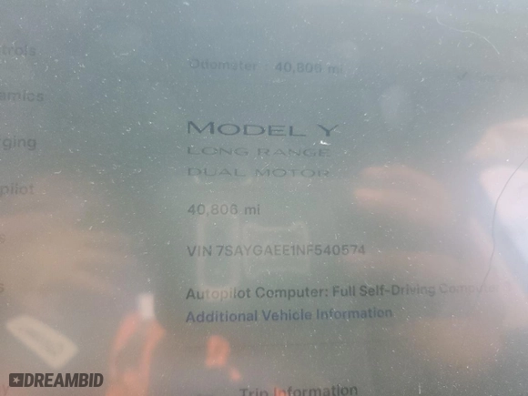 2022 Tesla Model Y Long Range with VIN 7SAYGAEE1NF540574, listed as a Copart auction lot 49001125 with 40,806 mi miles and Salvage Title. Bid and sale history available at carsss.com. Image 9.