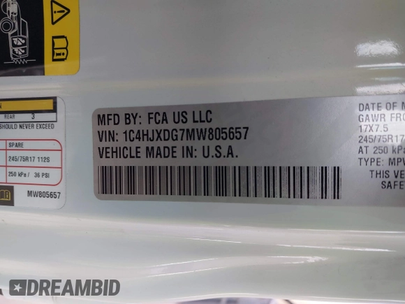 2021 Jeep Wrangler Unlimited Sport z VIN 1C4HJXDG7MW805657, wystawiony jako IAAI lot #42481446 z przebiegiem 24 299 mil mil oraz . Historia ofert i sprzedaży dostępna na DreamBid. Obrazek 9.