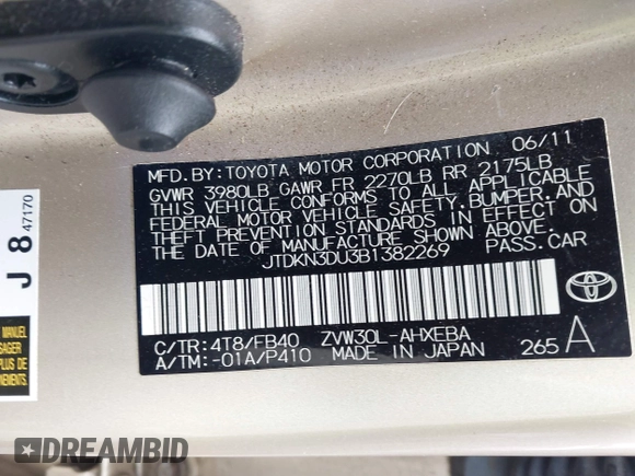 2011 Toyota Prius I with VIN JTDKN3DU3B1382269, listed as a IAAI auction lot 41982096 with 36,600 mi miles. Bid and sale history available at carsss.com. Image 9.