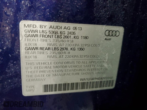 2014 Audi Q5 Premium Plus with VIN WA1LFAFP4EA002240, listed as a Copart auction lot 44622305 with 204,010 mi miles and Salvage Title. Bid and sale history available at carsss.com. Image 13.