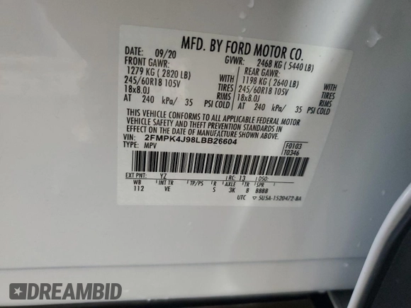 2020 Ford Edge SEL with VIN 2FMPK4J98LBB26604, listed as a Copart auction lot 61166725 with 36,936 mi miles and Salvage title. Bid and sale history available at DreamBid. Image 13.