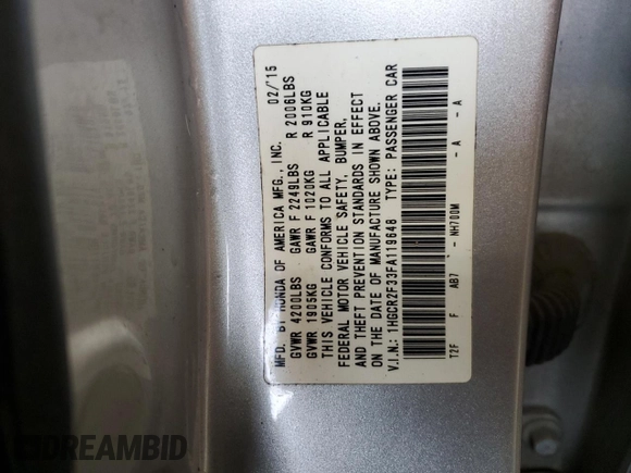 2015 Honda Accord LX with VIN 1HGCR2F33FA119648, listed as a Copart auction lot 52896385 with 178,007 mi miles and Clean Title. Bid and sale history available at carsss.com. Image 13.