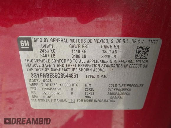 2012 Cadillac SRX Performance Collection with VIN 3GYFNBE36CS544861, listed as a IAAI auction lot 42330288 with 172,335 mi miles and . Bid and sale history available at DreamBid. Image 9.