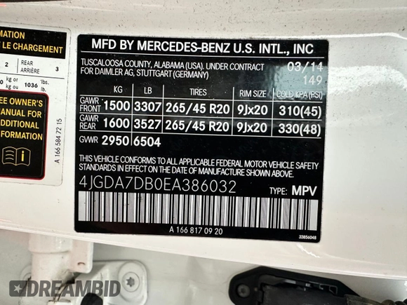 2014 Mercedes-Benz M 550 with VIN 4JGDA7DB0EA386032, listed as a Copart auction lot 61507465 with 131,078 mi miles and Clean title. Bid and sale history available at DreamBid. Image 10.