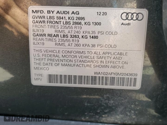 2021 Audi Q5 Premium with VIN WA1G2AFY0M2043639, listed as a Copart auction lot 60105855 with 63,458 mi miles and Salvage title. Bid and sale history available at DreamBid. Image 14.