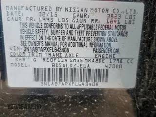 2015 Nissan Sentra SV with VIN 3N1AB7APXFL643408, listed as a Copart auction lot 47801415 with 154,392 mi miles and Salvage Title. Bid and sale history available at carsss.com. Image 14.