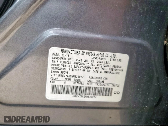2017 Infiniti Q50 Premium with VIN JN1EV7AR2HM836977, listed as a Copart auction lot 66161865 with Not provided miles and Clean title. Bid and sale history available at DreamBid. Image 12.