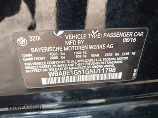 2016 BMW 3 Series 320i with VIN WBA8E1G51GNU11798, listed as a IAAI auction lot 41582559 with 105,866 mi miles and . Bid and sale history available at carsss.com. Image 9.