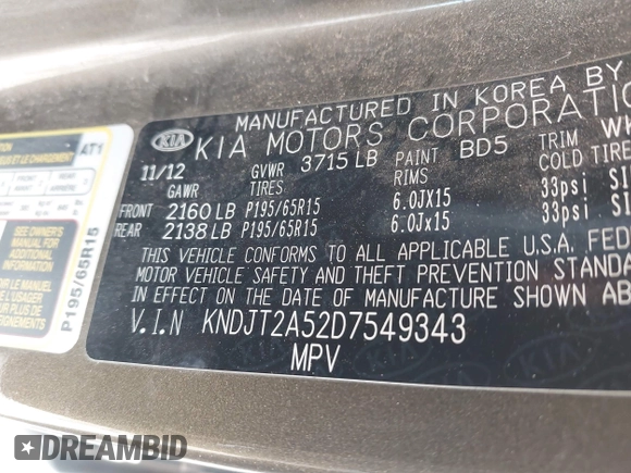 2013 Kia Soul with VIN KNDJT2A52D7549343, listed as a IAAI auction lot 42054180 with 124,457 mi miles and . Bid and sale history available at DreamBid. Image 9.
