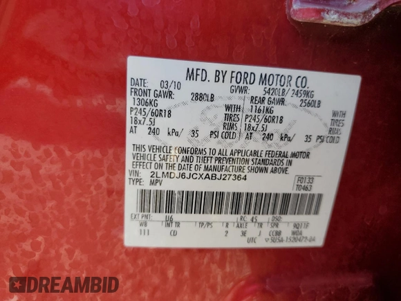 2010 Lincoln MKX with VIN 2LMDJ6JCXABJ27364, listed as a Copart auction lot 52365545 with 140,150 mi miles and Salvage Title. Bid and sale history available at carsss.com. Image 15.