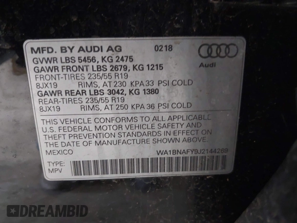2018 Audi Q5 Premium Plus with VIN WA1BNAFY9J2144269, listed as a IAAI auction lot 41944327 with 83,867 mi miles. Bid and sale history available at carsss.com. Image 9.