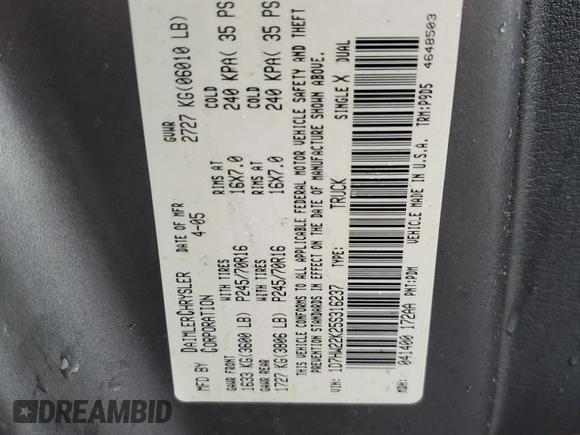2005 Dodge Dakota ST with VIN 1D7HW22K25S316237, listed as a Copart auction lot 47223115 with Not Provided miles and Salvage Title. Bid and sale history available at DreamBid. Image 12.