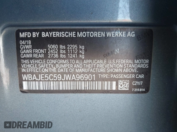 2018 BMW 5 Series 540i with VIN WBAJE5C59JWA96901, listed as a IAAI auction lot 41690919 with 67,395 mi miles and . Bid and sale history available at carsss.com. Image 9.