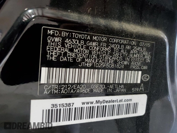 2015 Lexus IS 250 with VIN JTHBF1D25F5081824, listed as a Copart auction lot 60650895 with 96,211 mi miles and Salvage title. Bid and sale history available at DreamBid. Image 12.