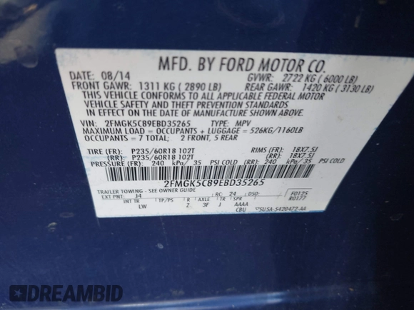 2014 Ford Flex SEL z VIN 2FMGK5C89EBD35265, wystawiony jako IAAI lot #41954103 z przebiegiem 87 767 mil mil oraz . Historia ofert i sprzedaży dostępna na DreamBid. Obrazek 9.