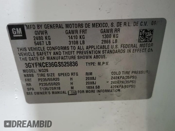 2016 Cadillac SRX Performance Collection with VIN 3GYFNCE36GS525836, listed as a Copart auction lot 84502634 with 94,639 mi miles and Salvage title. Bid and sale history available at DreamBid. Image 15.