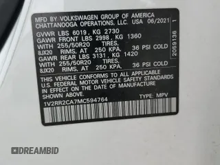 2021 Volkswagen Atlas SE with VIN 1V2RR2CA7MC594764, listed as a Copart auction lot 48194935 with 88,122 mi miles and Salvage title. Bid and sale history available at DreamBid. Image 13.