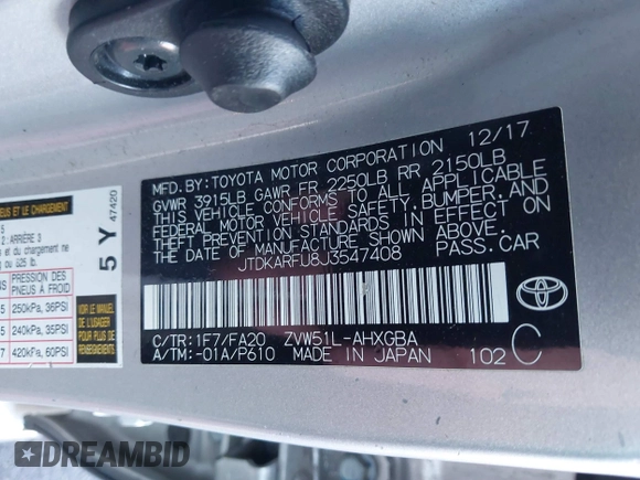 2018 Toyota Prius Two with VIN JTDKARFU8J3547408, listed as a IAAI auction lot 41313198 with 76,060 mi miles. Bid and sale history available at carsss.com. Image 9.
