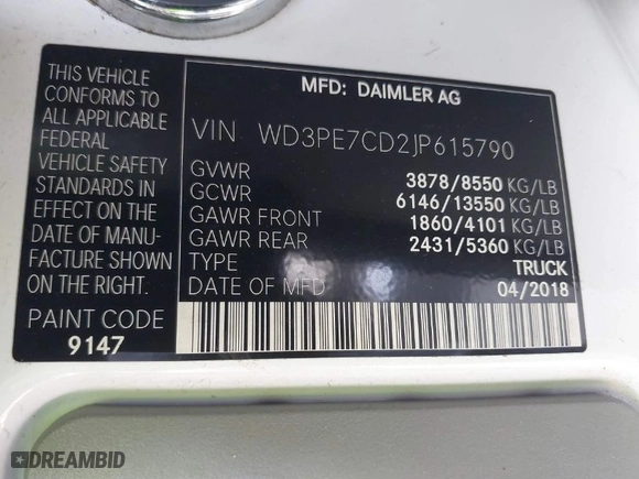 2018 Mercedes-Benz Sprinter Cargo Van Worker with VIN WD3PE7CD2JP615790, listed as a IAAI auction lot 41227785 with 261,158 mi miles. Bid and sale history available at carsss.com. Image 9.