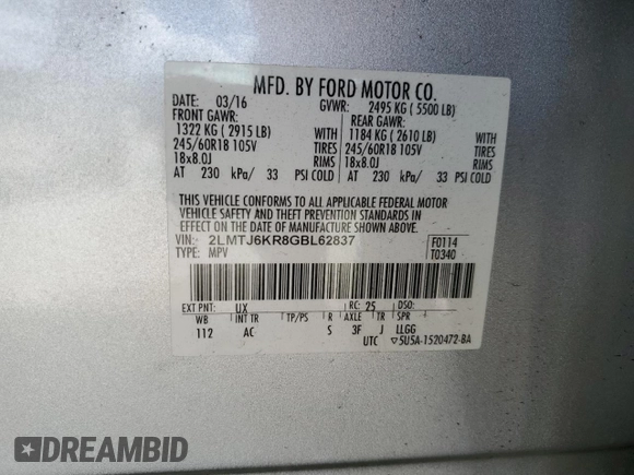 2016 Lincoln MKX Select with VIN 2LMTJ6KR8GBL62837, listed as a Copart auction lot 52294975 with 101,360 mi miles and Salvage Title. Bid and sale history available at carsss.com. Image 13.