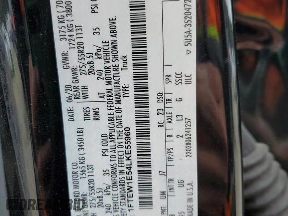 2020 Ford F-150 XL with VIN 1FTEW1E54LKE55960, listed as a Copart auction lot 44370224 with Not provided miles and Salvage title. Bid and sale history available at DreamBid. Image 13.