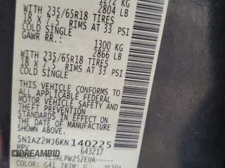 2019 Nissan Murano SL z VIN 5N1AZ2MJ6KN140225, wystawiony jako Copart lot #54739565 z przebiegiem 62 244 mil mil oraz Szkoda całkowita • Salvage title. Historia ofert i sprzedaży dostępna na DreamBid. Obrazek 14.