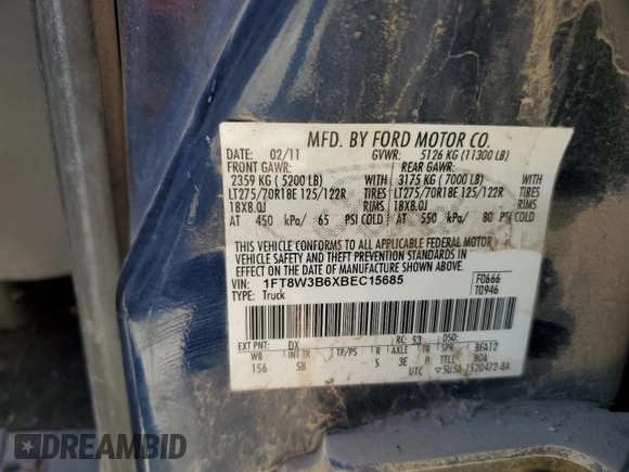 2011 Ford F-350 Platinum with VIN 1FT8W3B6XBEC15685, listed as a Copart auction lot 57236965 with 130,575 mi miles and Salvage title. Bid and sale history available at DreamBid. Image 12.