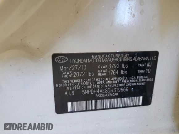 2013 Hyundai Elantra Limited z VIN 5NPDH4AE8DH319666, wystawiony jako Copart lot #54671365 z przebiegiem 89 473 mil mil oraz Szkoda całkowita • Salvage title. Historia ofert i sprzedaży dostępna na DreamBid. Obrazek 12.