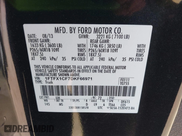 2013 Ford F-150 XL with VIN 1FTFX1CF7DKF66971, listed as a IAAI auction lot 42593241 with 86,074 mi miles and . Bid and sale history available at DreamBid. Image 9.