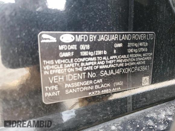 2019 Jaguar XE 25t Premium with VIN SAJAJ4FX0KCP43841, listed as a Copart auction lot 49894475 with 49,397 mi miles and Salvage Title. Bid and sale history available at carsss.com. Image 14.