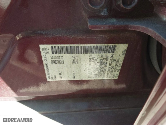 2009 Nissan Maxima 3.5 SV w/Sport Pkg with VIN 1N4AA51E89C853594, listed as a IAAI auction lot 41324993 with 1 mi miles. Bid and sale history available at carsss.com. Image 9.