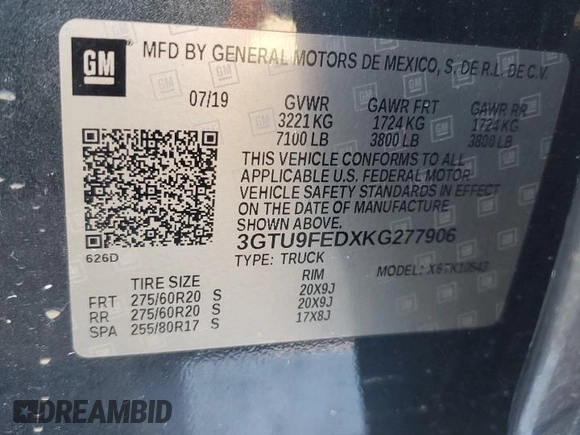 2019 GMC Sierra 1500 Denali with VIN 3GTU9FEDXKG277906, listed as a Copart auction lot 47025625 with 138,008 mi miles and Salvage title. Bid and sale history available at DreamBid. Image 12.