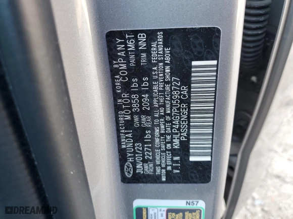 2023 Hyundai Elantra Limited with VIN KMHLP4AG7PU598727, listed as a Copart auction lot 45493825 with 81,829 mi miles and Non Repairable. Bid and sale history available at carsss.com. Image 12.