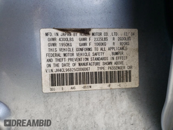 2005 Acura TSX with VIN JH4CL96825C006067, listed as a Copart auction lot 52717145 with 86,793 mi miles and Salvage Title. Bid and sale history available at carsss.com. Image 15.