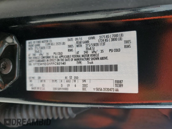 2015 Ford F-150 XLT с VIN 1FTEW1EG1FFC93140, выставлен на аукционе Copart как лот 71689263 с пробегом 84 760 миль миль и Чистый • Clean title. История ставок и продаж доступна на DreamBid. Изображение 12.