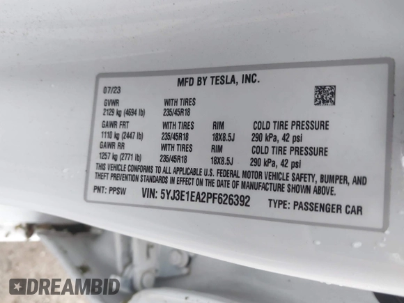 2023 Tesla Model 3 with VIN 5YJ3E1EA2PF626392, listed as a IAAI auction lot 42288413 with 25,605 mi miles and . Bid and sale history available at DreamBid. Image 9.