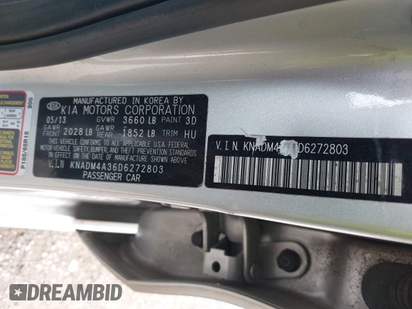2013 Kia Rio LX with VIN KNADM4A36D6272803, listed as a IAAI auction lot 41849872 with 62,918 mi miles. Bid and sale history available at carsss.com. Image 9.
