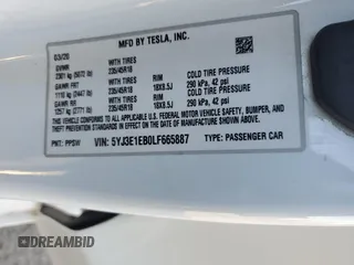 2020 Tesla Model 3 Long Range with VIN 5YJ3E1EB0LF665887, listed as a Copart auction lot 48985245 with 50,309 mi miles and Salvage Title. Bid and sale history available at DreamBid. Image 13.