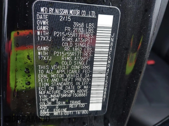 2015 Nissan Juke S with VIN JN8AF5MR4FT508881, listed as a IAAI auction lot 41503781 with 106,159 mi miles. Bid and sale history available at carsss.com. Image 9.