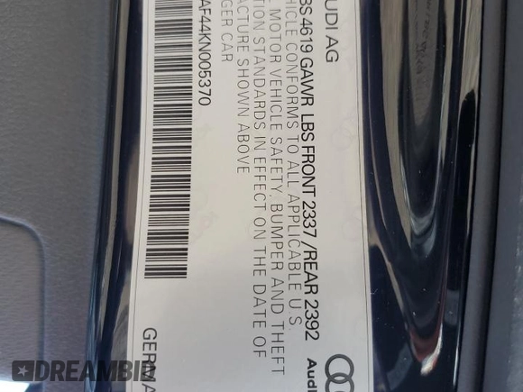 2019 Audi A4 Premium with VIN WAUGMAF44KN005370, listed as a Copart auction lot 56368725 with 87,007 mi miles and Salvage title. Bid and sale history available at DreamBid. Image 12.